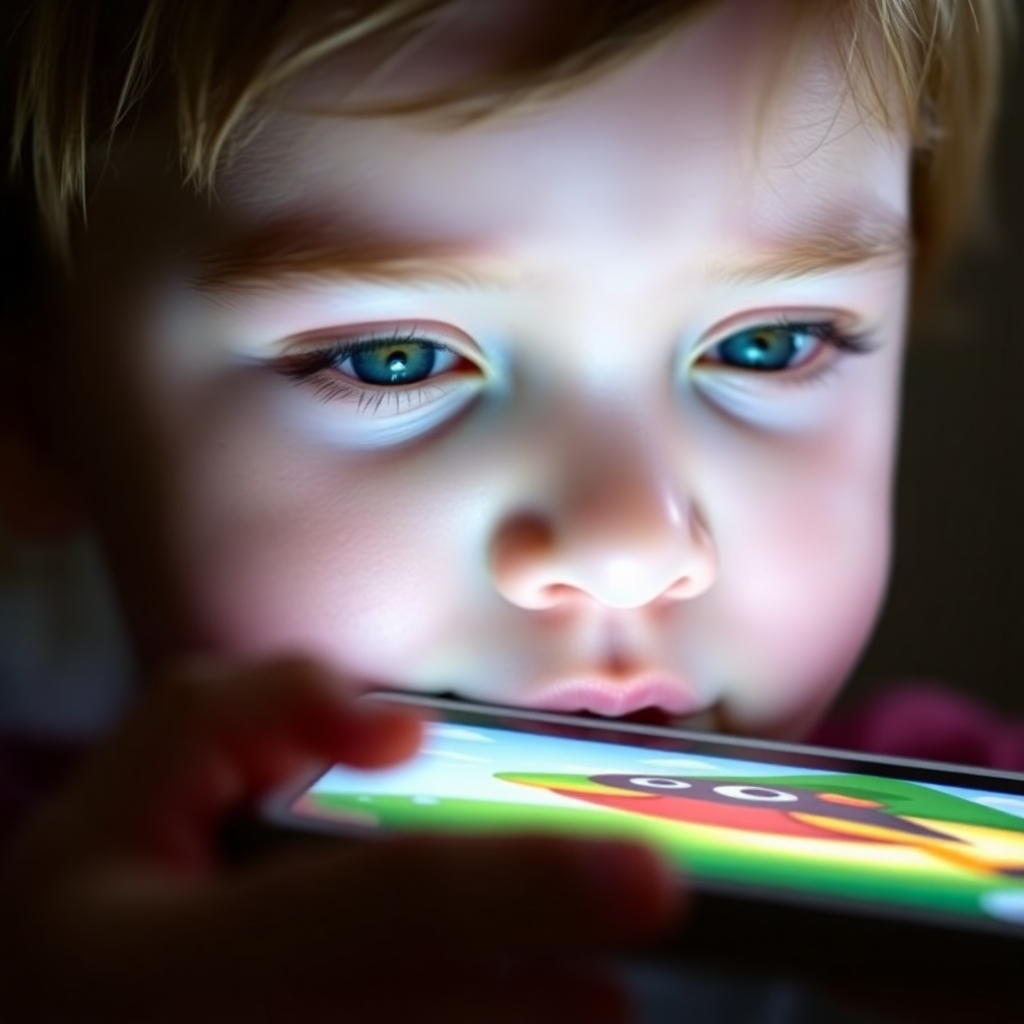 A close-up shot of a child's face illuminated by the light of a tablet screen. The screen displays a vibrant illustration of a fantasy creature from a story generated by Kids Book AI. The child's expression is one of wonder and fascination.