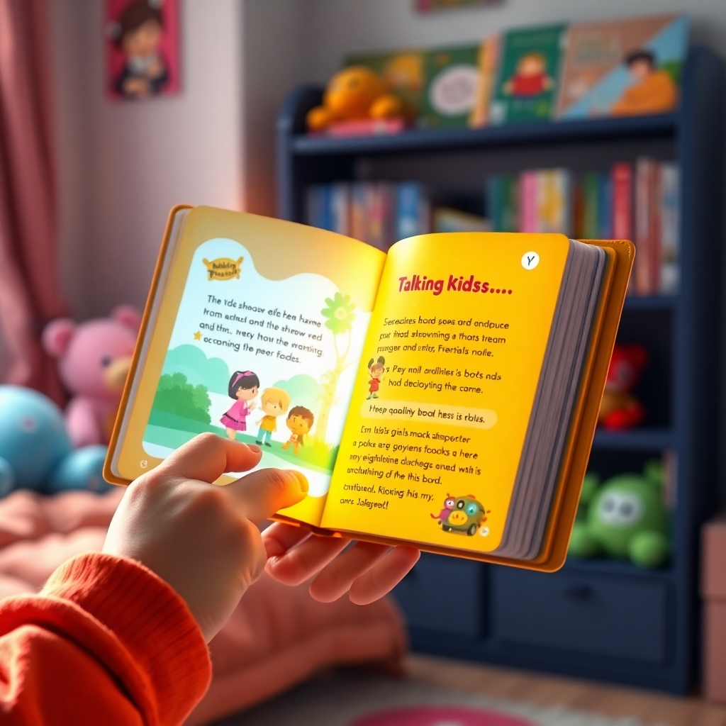 A close-up shot of a child's hand holding a brightly colored talking kids book, with a digital screen displaying the book's content and animated illustrations. The book should be open to reveal a vibrant scene with playful characters and engaging text. Soft lighting illuminates the scene, creating a warm and inviting atmosphere. The image should be rendered in a hyperrealistic style, with meticulous detail in the textures of the book's cover, pages, and characters. The background should be a blurred representation of a child's bedroom, featuring plush toys and a bookshelf filled with colorful children's books. The overall mood should be one of joy, learning, and wonder, capturing the excitement of interactive storytelling.