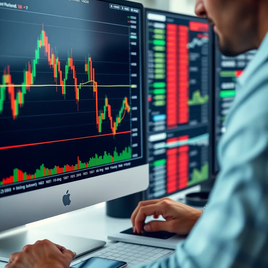 A close-up shot of a computer screen displaying a complex chart with multiple technical indicators overlaid, showing a trader using their knowledge and skills to analyze and interpret the market data.