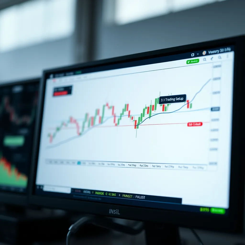 A close-up shot of a computer screen displaying a live stock chart. The chart is in a clean, modern style with crisp lines and clear indicators.  The 3.5 trading setup is prominently displayed on the chart, with each level clearly marked and labeled.  The color palette is neutral, using shades of blue, gray, and green.  Soft, diffused lighting illuminates the screen, creating a clear and focused image.  The background is blurred and out of focus, drawing attention to the chart.  The image should convey a sense of precision, efficiency, and clarity, reflecting the accuracy and reliability of the automated marking tool.  Render the image in 8K resolution with hyperrealistic detail and a high-quality photorealistic style.  Focus on the clarity of the chart and the accuracy of the markings, conveying a sense of professionalism and expertise.