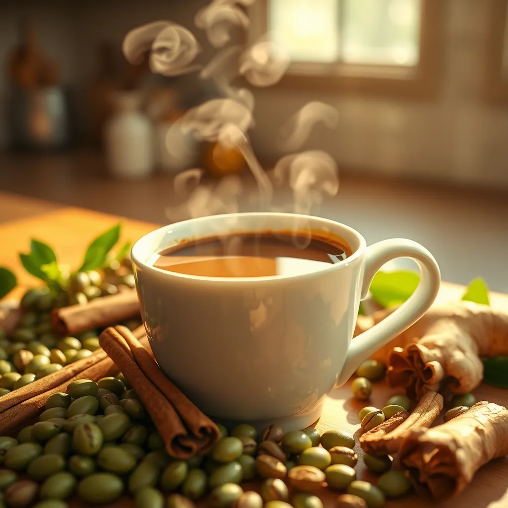A close-up shot of a cup of steaming coffee with various natural ingredients like green coffee beans, cinnamon sticks, and ginger root scattered around it. The background should be a warm, natural setting like a kitchen counter with sunlight streaming in.