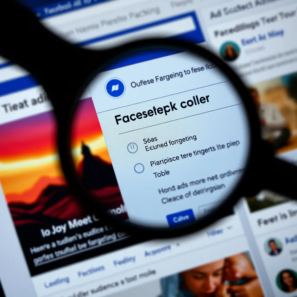 A close-up shot of a Facebook ad with a captivating image and compelling text. The ad is strategically placed on a newsfeed, with a magnifying glass highlighting specific details like audience targeting settings and ad performance metrics.