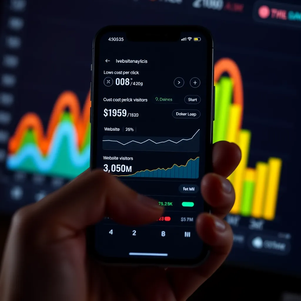 A close-up shot of a hand holding a smartphone displaying a website analytics dashboard. The screen shows a low cost-per-click and a significant increase in website visitors. In the background, a colorful chart showing a rapid upward trend in website traffic.
