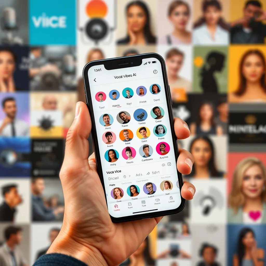 A close-up shot of a hand holding a smartphone. On the screen is an app interface for Vocal Vibes AI. The app shows various voice options and editing tools. The background is a collage of different creative projects, such as podcasts, audiobooks, and video editing software. The image should convey a sense of limitless creativity and the ability to bring diverse voices to life.