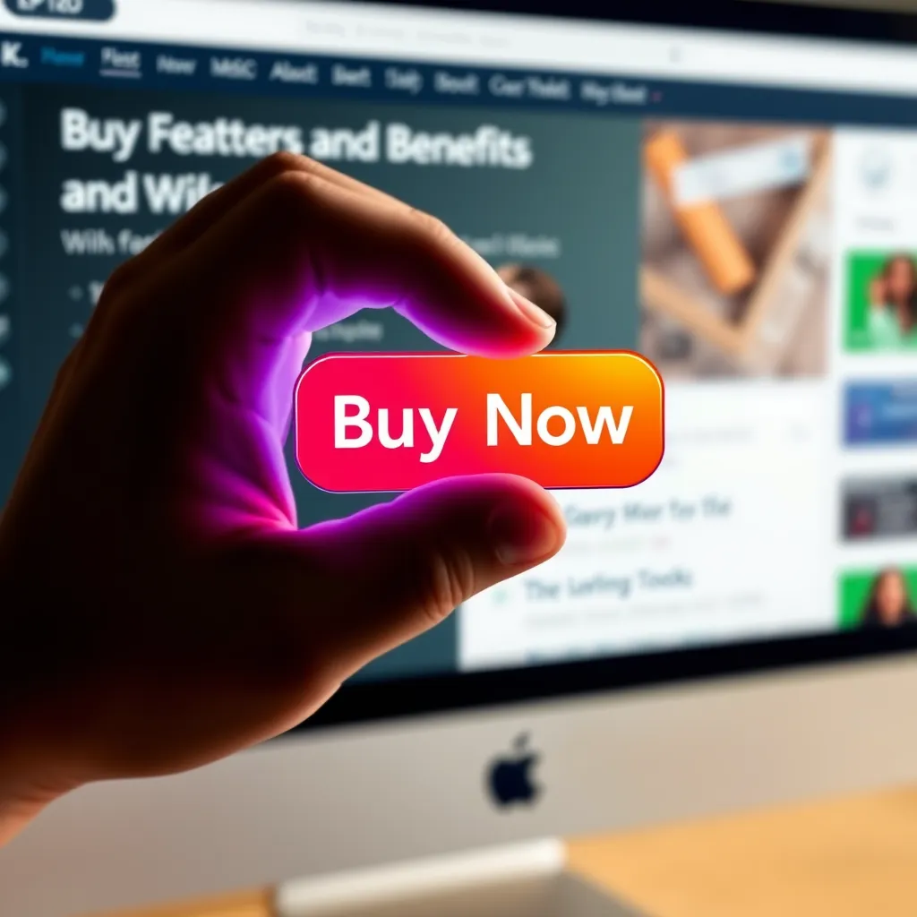 A close-up shot of a hand hovering over a 'Buy Now' button on a website. The button should be prominently displayed with a bright, vibrant color and a countdown timer superimposed on it. The background should show a computer screen with the plugin's features and benefits highlighted, creating an impression of value and functionality. The overall image should convey the feeling of urgency and excitement.