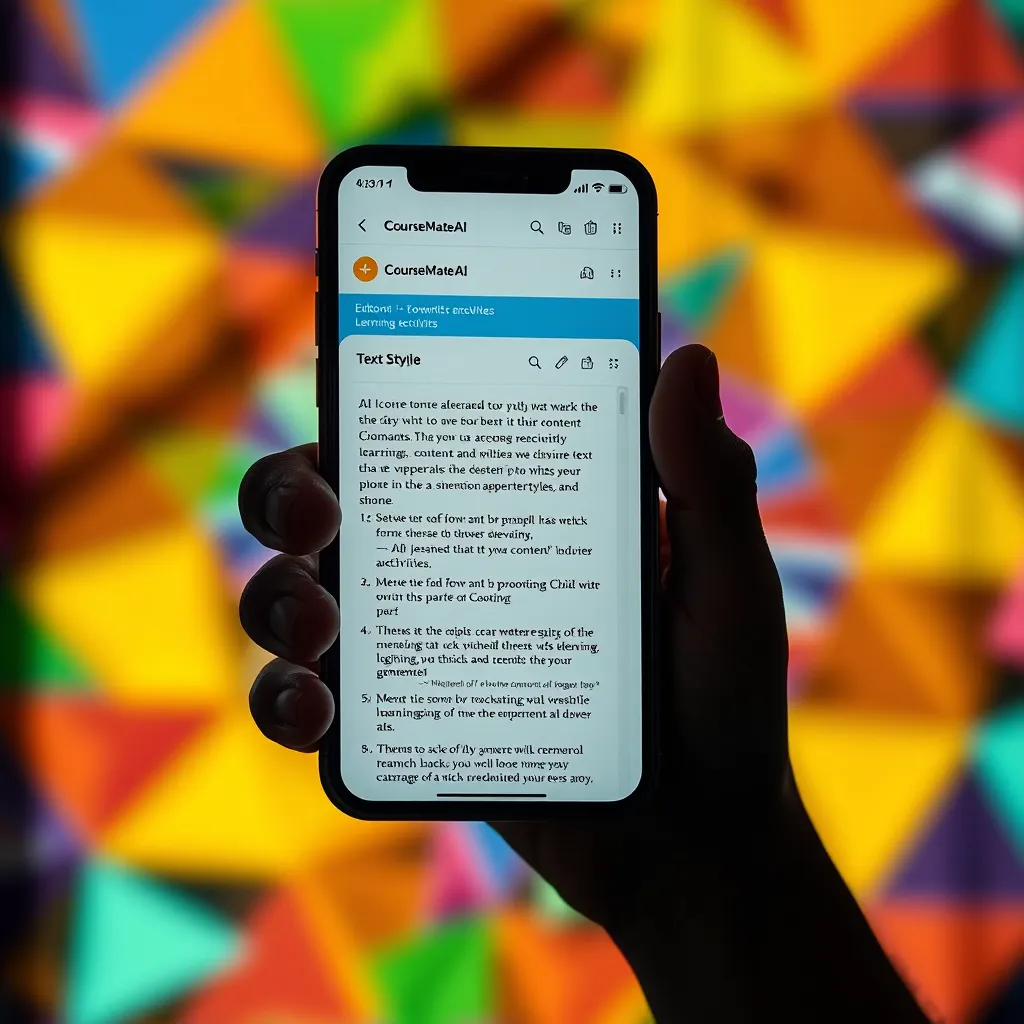 A close-up shot of a hand hovering over a smartphone screen displaying a CourseMateAI interface. The screen shows a text editor with a dynamic, AI-powered content generation tool. The tool suggests different text formats, styles, and learning activities. The background features a blurred, abstract pattern of colorful geometric shapes, representing the diverse learning styles and topics supported by the AI. The image should be shot with dramatic side lighting, creating a sense of mystery and intrigue. The color palette should be vibrant and energetic, representing the dynamism of the AI-generated content. The image should capture the essence of speed, accuracy, and creativity, emphasizing the power of AI to revolutionize content creation.