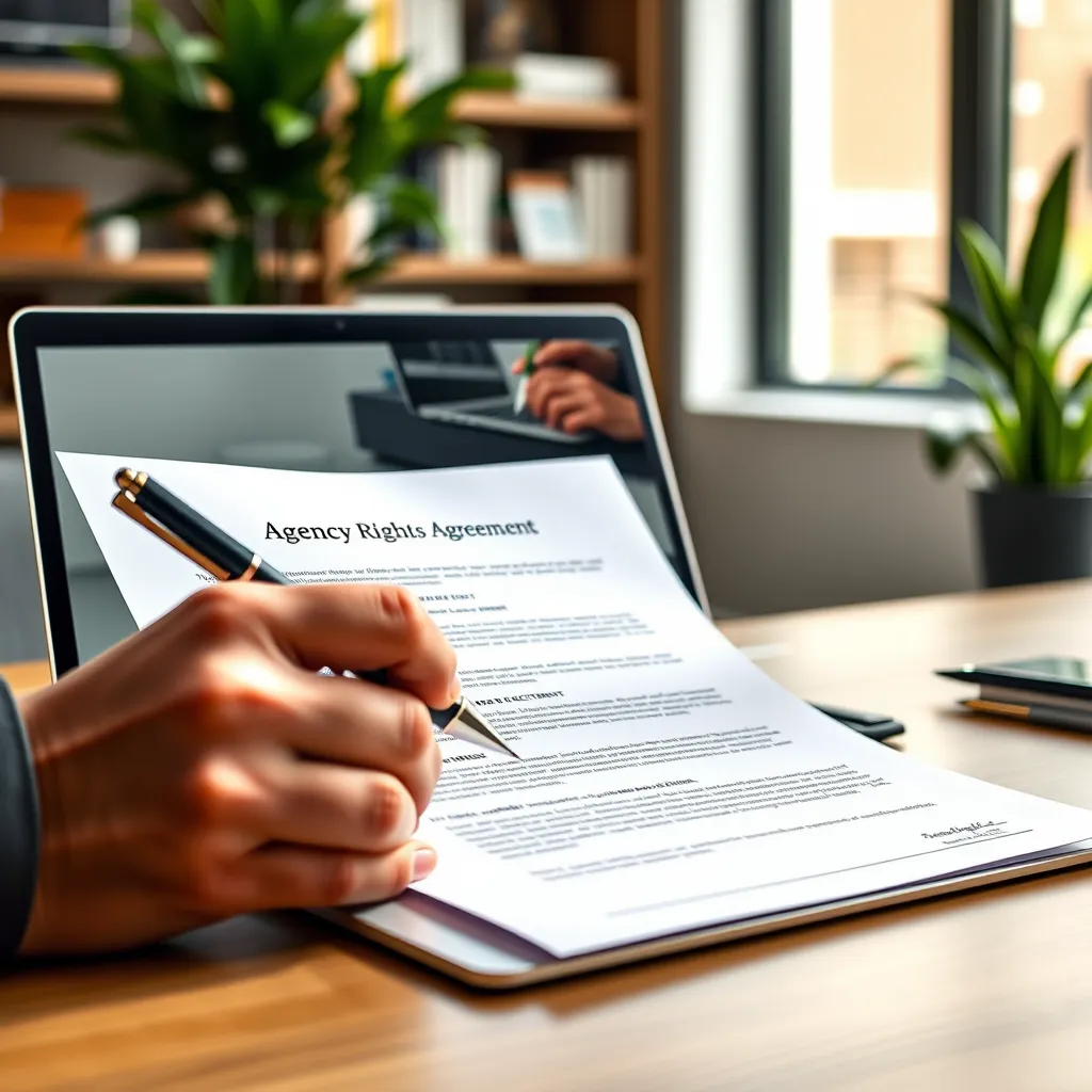A close-up shot of a hand signing a legal document with a pen, with a laptop open in the background showing a website design software. The document should be a contract with a title 'Agency Rights Agreement'. The background should be a modern office setting with a bookshelf and a potted plant.