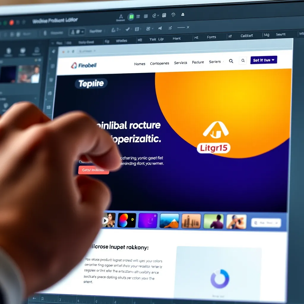 A close-up shot of a hand using a mouse to adjust the colors and fonts on a website editor. The website preview shows a digital product landing page with a modern design and a prominent logo.