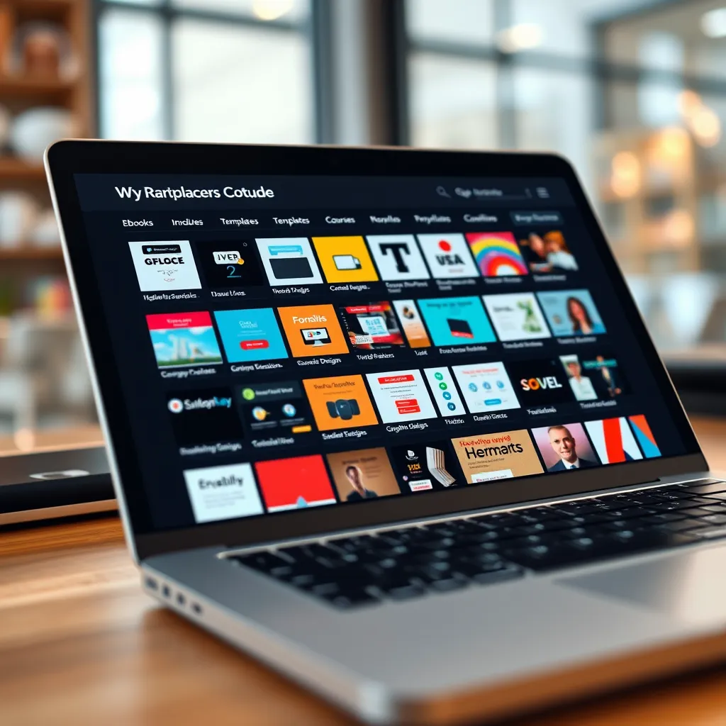 A close-up shot of a laptop screen displaying a marketplace with a diverse selection of digital products categorized by type, including ebooks, templates, courses, and graphic designs. The screen should be bright and visually appealing, showcasing the abundance and quality of the pre-loaded content.