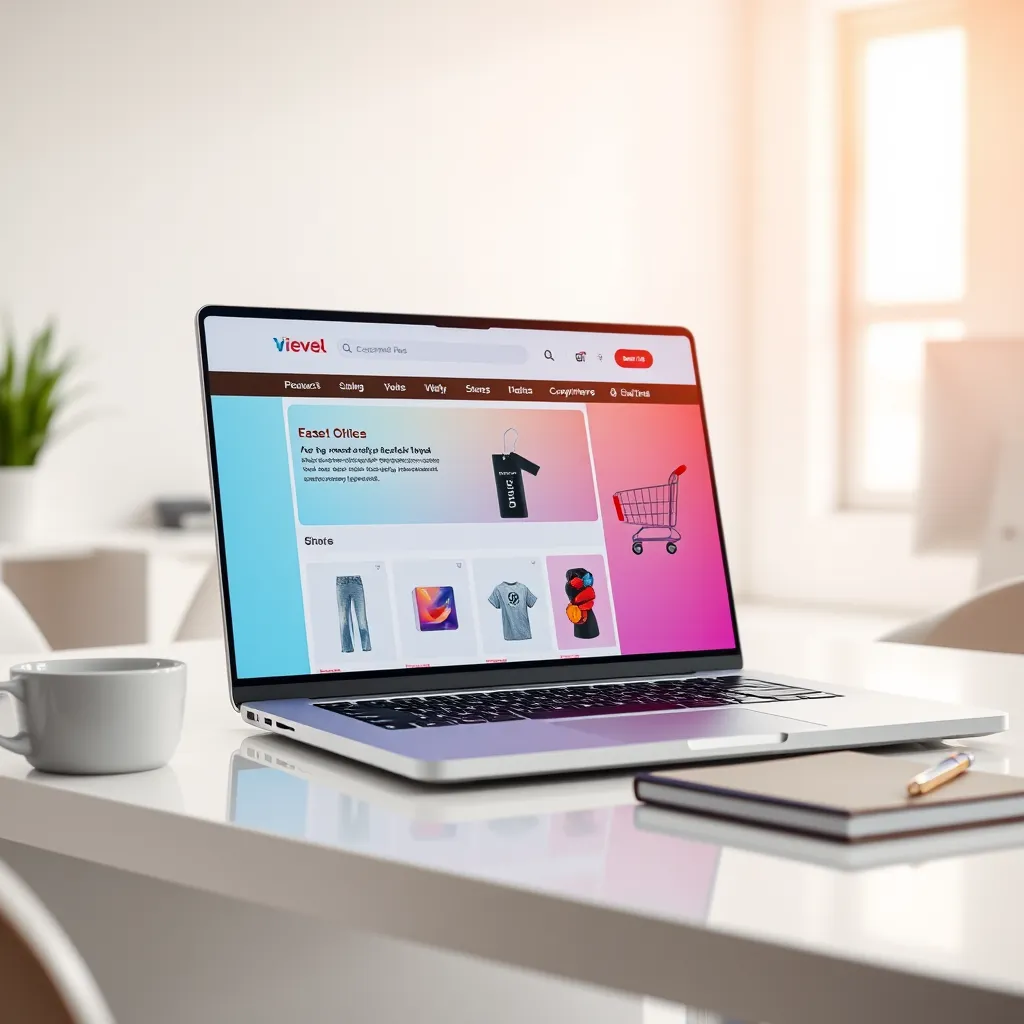 A close-up shot of a laptop screen showcasing a vibrant ecommerce store with product images, descriptions, and shopping cart. The background is a clean, modern office space with soft, natural lighting.  The laptop is on a sleek, white desk with a cup of coffee and a notebook beside it. The image should be highly detailed, hyperrealistic, and capture the ease and professionalism of the store. The color palette is warm and inviting, reflecting a successful and thriving online business.  The camera angle is slightly elevated, emphasizing the accessibility and user-friendliness of the store.  Focus on the crisp, high-quality images of the products and the intuitive navigation of the store.  The overall mood should be one of excitement and opportunity, reflecting the potential for financial success through this easy-to-use platform.