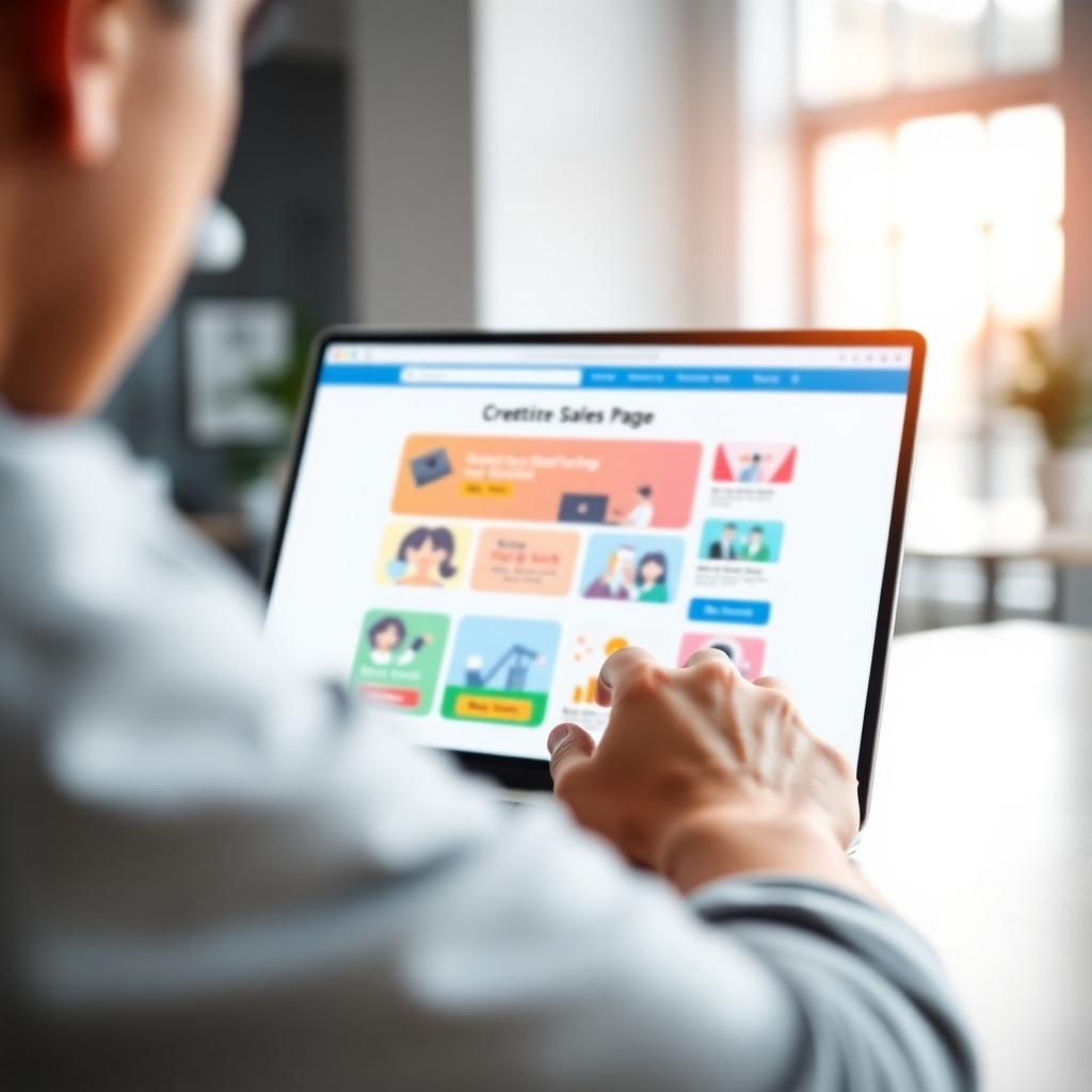 A close-up shot of a person's hands using a drag-and-drop interface on a laptop screen to create a vibrant, modern sales page.  The background is blurred, showing a bright office space. The laptop screen displays a partially built sales page with colorful elements and clear call-to-action buttons. The overall style is clean, modern, and user-friendly.