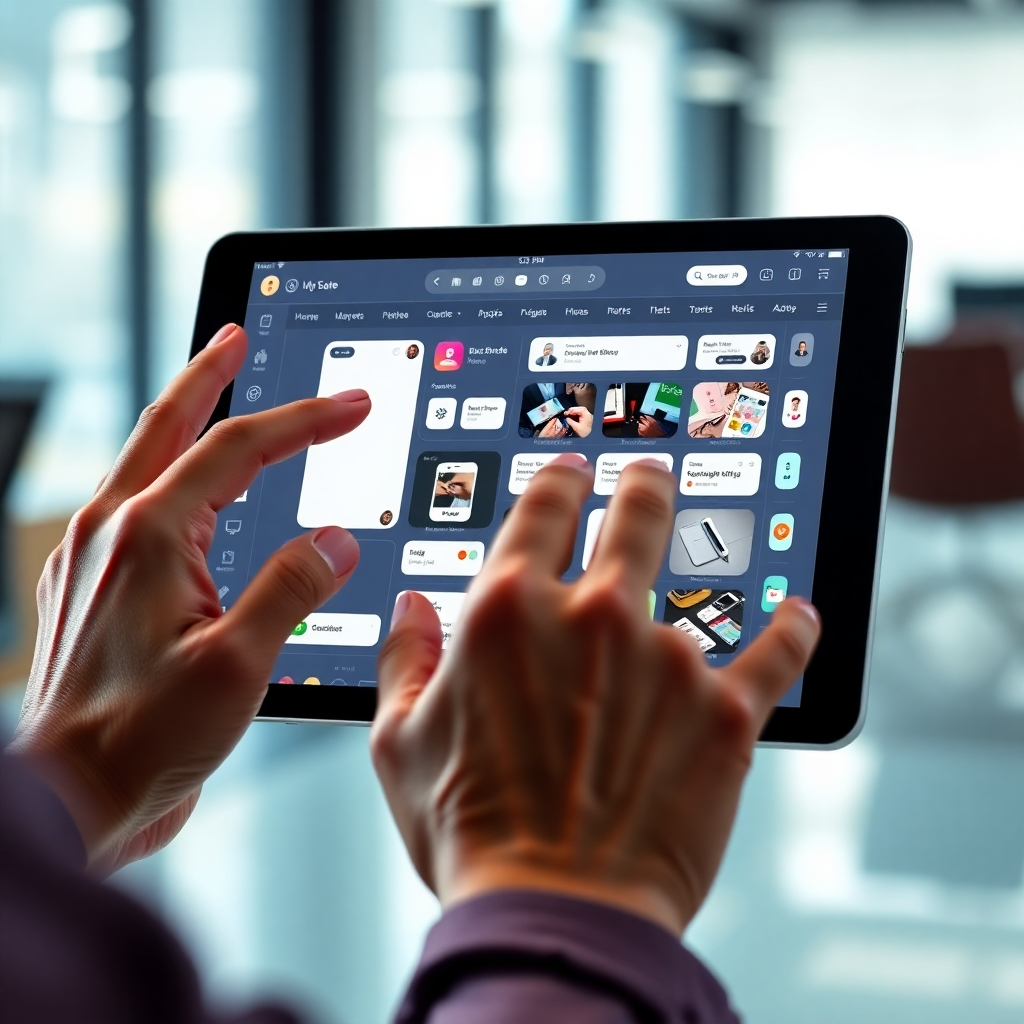 A close-up shot of a person's hands using a sleek, modern mobile app builder interface on a tablet. The interface should showcase a drag-and-drop functionality with various app elements like buttons, images, and text boxes. The background should be a blurred, bright office setting. The overall mood should be one of ease and efficiency. High resolution, photorealistic style, vibrant colors.