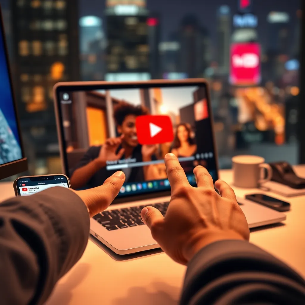 A close-up shot of a person's hand hovering over a laptop screen, displaying a YouTube video player with a captivating viral video playing. The screen is surrounded by a sleek, modern workstation, with a phone showing a notification of a new payout. The lighting is warm and inviting, creating a sense of excitement and opportunity. The background is blurred, showcasing a bustling cityscape to represent the global reach of YouTube. The image should be hyperrealistic and capture the energy of the digital world. Render it in 8K resolution with vibrant colors and crisp detail.