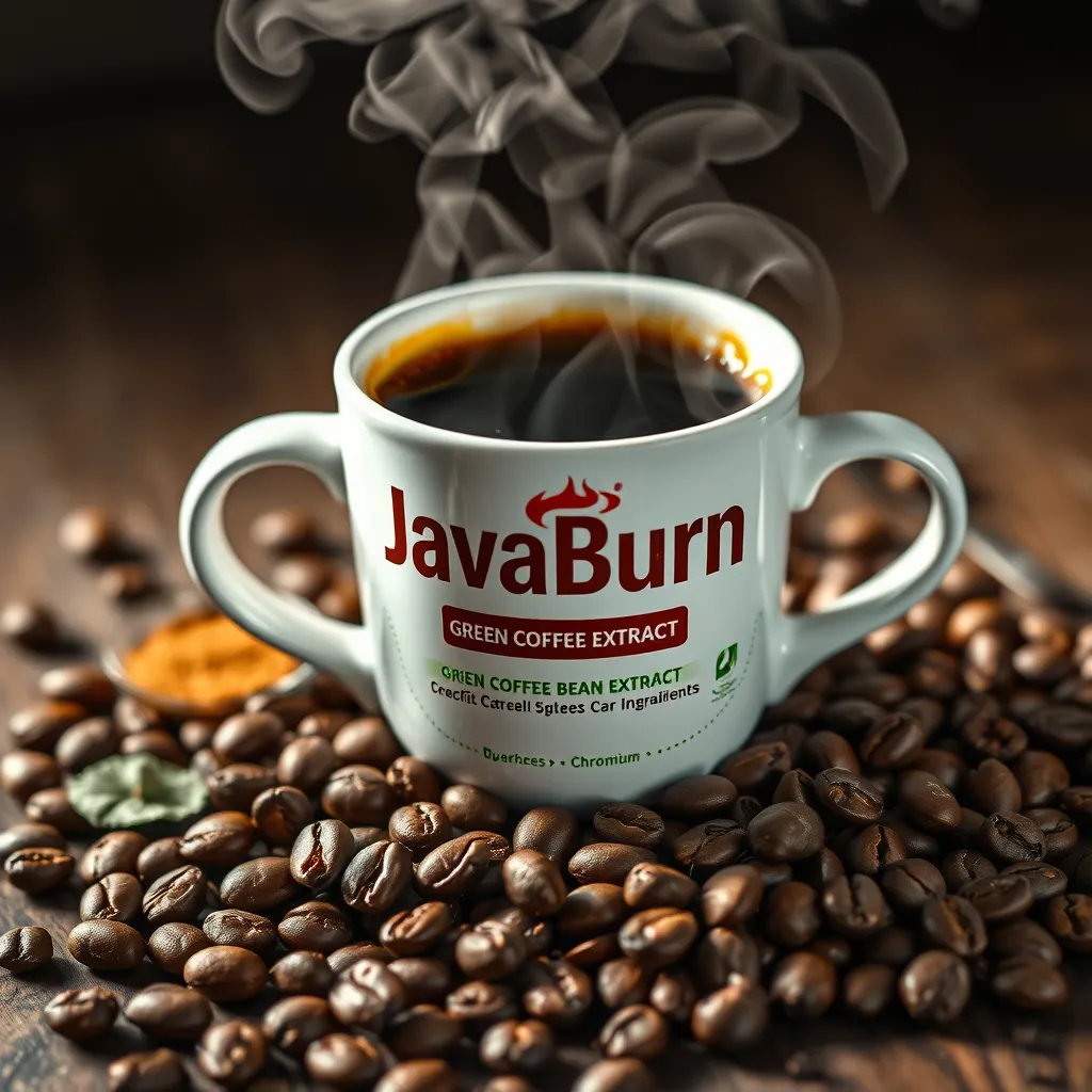 A close-up shot of a steaming cup of JavaBurn coffee, with the coffee beans and ingredients like green coffee bean extract and chromium scattered around the cup, showcasing the natural elements of the product.