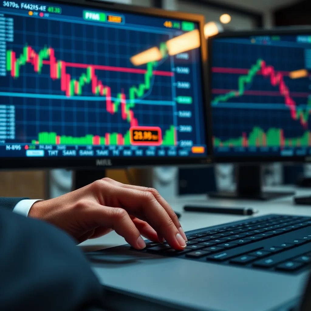 A close-up shot of a trader's hands on a computer keyboard, with a large monitor displaying a live financial chart. The trader is wearing a suit and has a focused expression. The chart displays multiple indicators and trend lines, with a highlighted area indicating a profitable trade setup.