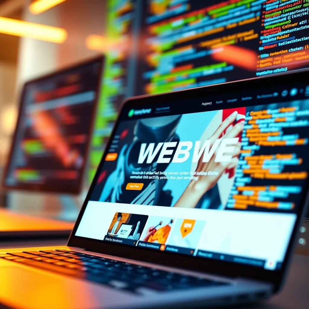 A close-up shot of a vibrant, modern website being built in a digital workspace. The website's design features bold typography, eye-catching visuals, and a clean, intuitive layout. The background is a blur of code and data, showcasing the powerful AI behind the website creation. Soft, warm lighting illuminates the workspace, giving it a futuristic and sophisticated look. The color palette is bright and energetic, reflecting the website's dynamic nature. The camera angle is slightly tilted, creating a sense of movement and energy. The image is hyperrealistic, capturing the intricate details of the website design, code, and digital workspace. It highlights the seamless integration of AI technology in website development. The overall mood is innovative and exciting, reflecting the potential of AI to create beautiful, high-performing websites.
