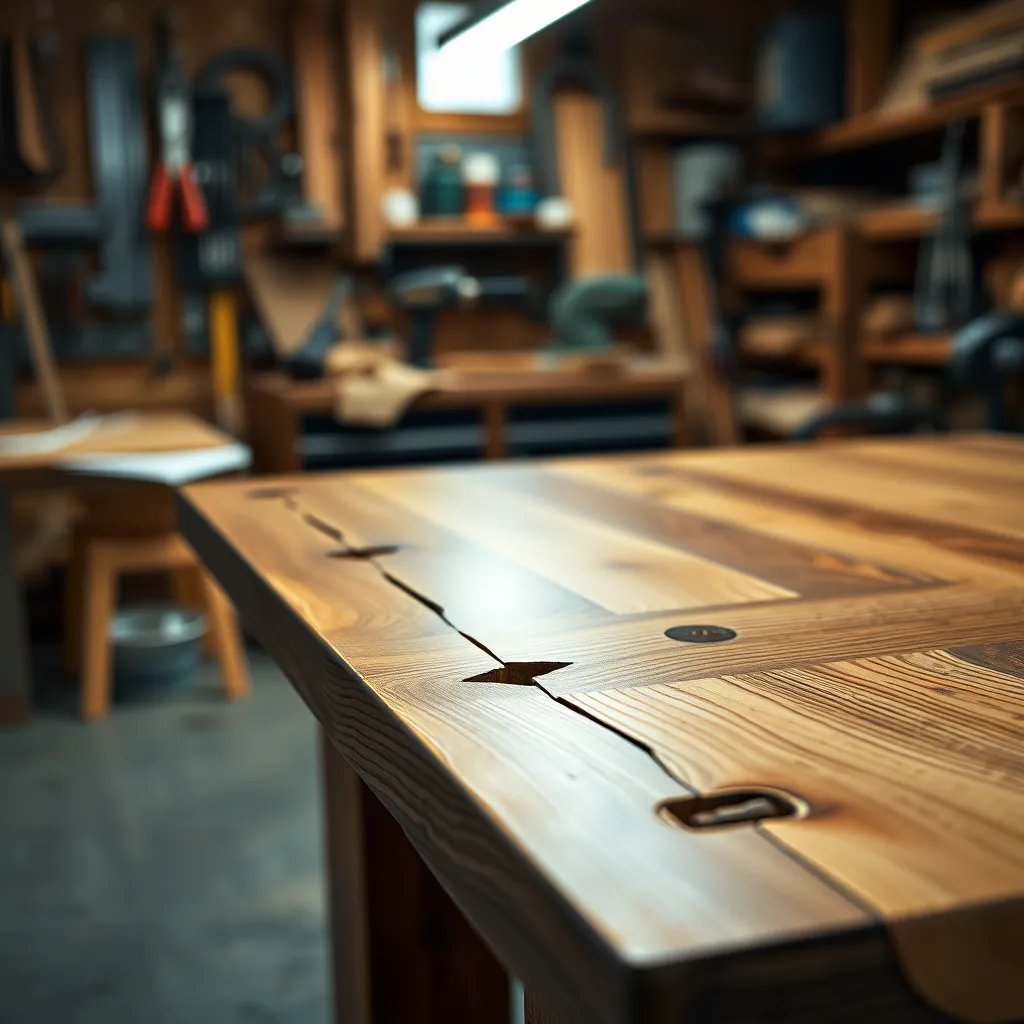 A close-up shot of a wooden table with intricate joinery, showcasing the craftsmanship possible with woodworking plans. The background is a blurred image of a workshop with various tools and materials, representing the vast possibilities offered by the plans.