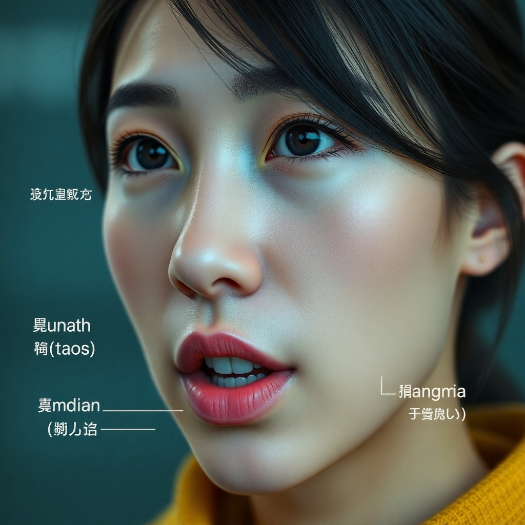 A close-up shot of an AI-generated digital human, a young woman with realistic skin texture and detailed facial expressions, appearing to speak naturally and engagingly.  Subtitles in various languages, such as English, Spanish, and Mandarin, appear around her, showcasing the multilingual capabilities of the generated digital human. The background is subtly blurred, focusing the viewer's attention on the AI digital human and the subtitles.