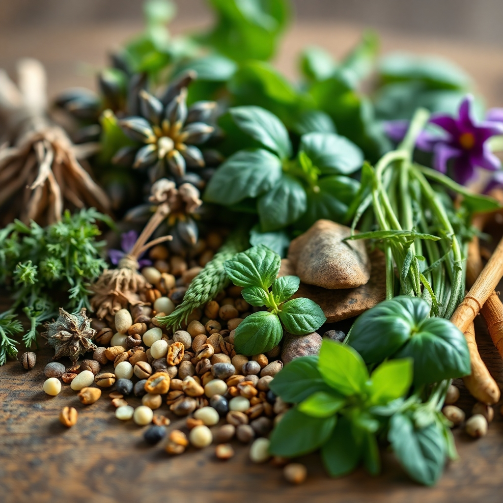 A close-up shot of various herbs and plants used in Puravive, meticulously arranged on a wooden surface. The background should be softly blurred, focusing attention on the vibrant colors and textures of the ingredients. High resolution, photorealistic style, with sharp details and natural lighting.
