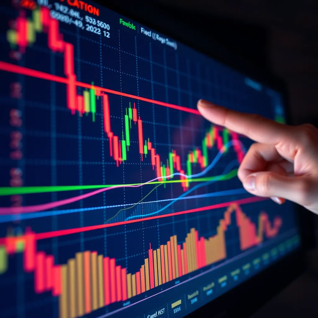 A close-up view of a computer screen displaying a stock chart with multiple candlestick patterns, support and resistance lines drawn on it. The chart is illuminated with different colors, showcasing key areas of interest. A hand is pointing at a specific pattern on the chart.