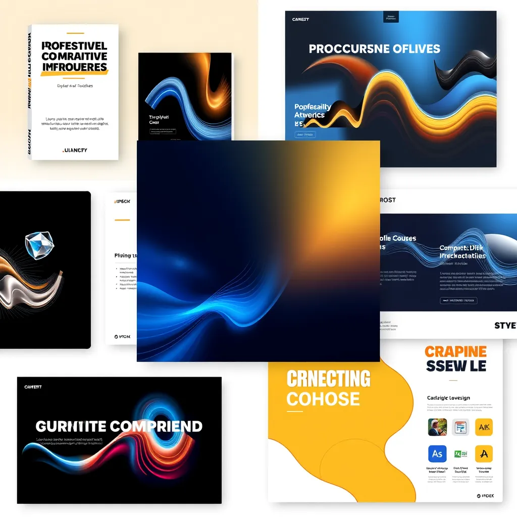 A collage of digital products, including a professional e-book cover, a sleek website template, a captivating online course preview, and a creative graphic design template. Each product should have a unique design and appeal to different audiences.