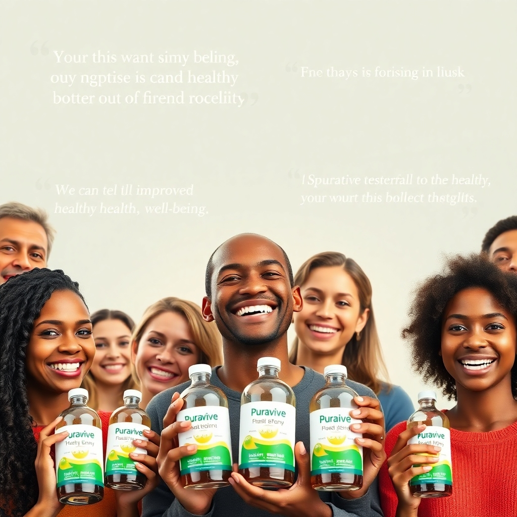 A collage of diverse, happy and healthy-looking individuals smiling and holding Puravive bottles. The background features glowing testimonials with positive quotes about improved health and well-being, with a soft, warm color palette. Photorealistic style with a focus on genuine expressions.