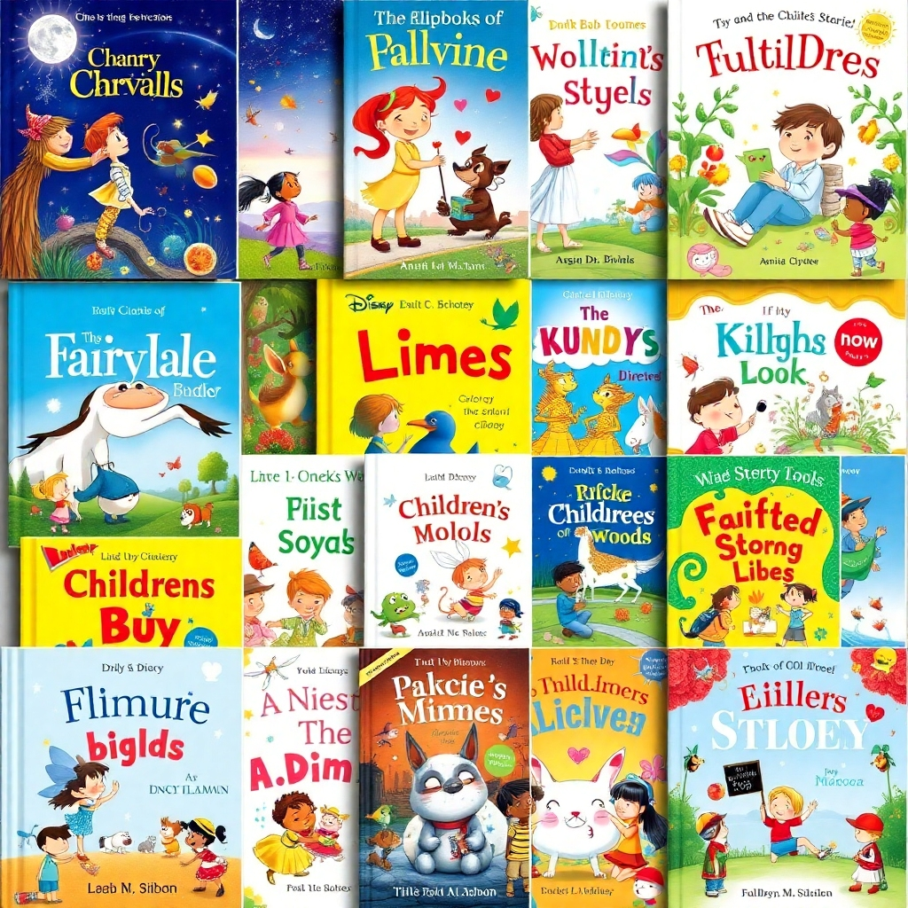 A collage of diverse children's book covers, showcasing various themes and styles, including fairytale, educational, and adventure stories. Each cover features bright colors, playful illustrations, and interactive elements like sound effects and animations.