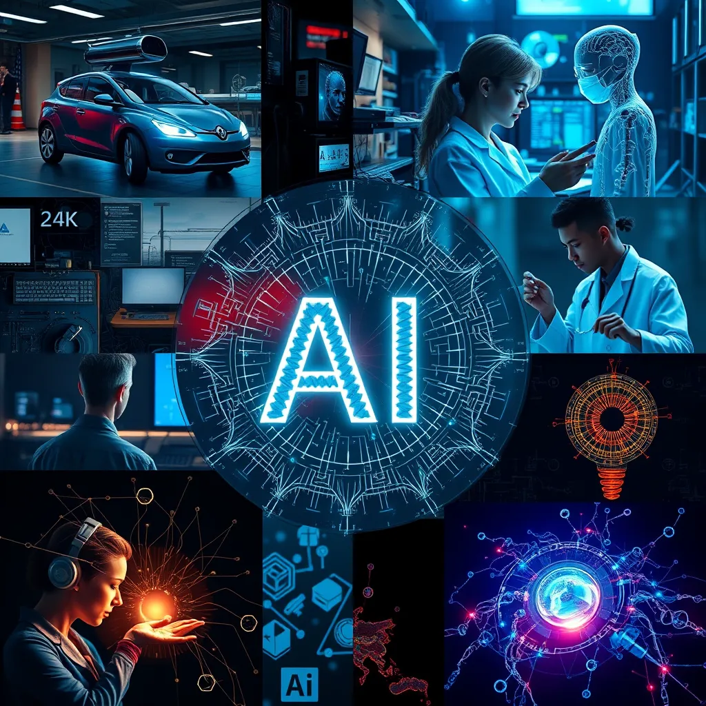 A collage of diverse images showcasing the transformative impact of AI. It could include a self-driving car, a virtual assistant helping a person with tasks, a scientist using AI for medical research, and a creative artist utilizing AI for art generation.