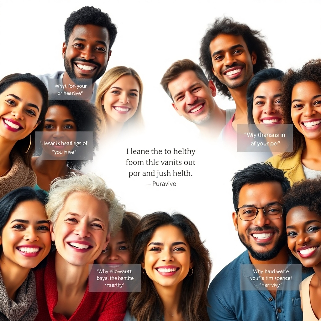 A collage of diverse people, smiling and looking healthy and happy.  Each person should have a small, transparent overlay with a short, positive quote about Puravive. The background should be light and airy, emphasizing feelings of well-being. Photorealistic style, with a focus on genuine emotions.