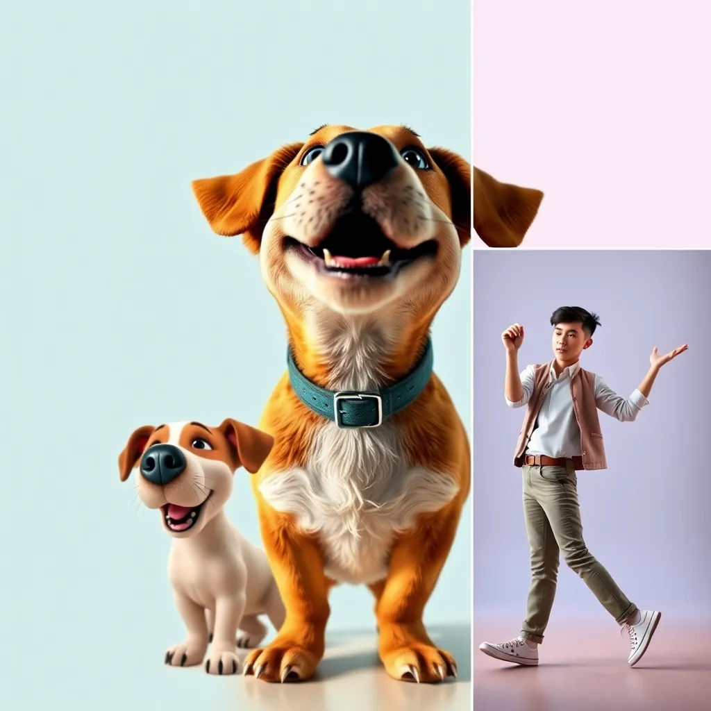 A collage showcasing different creative possibilities of Talking PHOTOS AI: a photo of a pet dog transformed into a singing dog, a photo of a person transformed into an animated cartoon character, and a photo of a person performing a dance move with realistic, animated movements. 