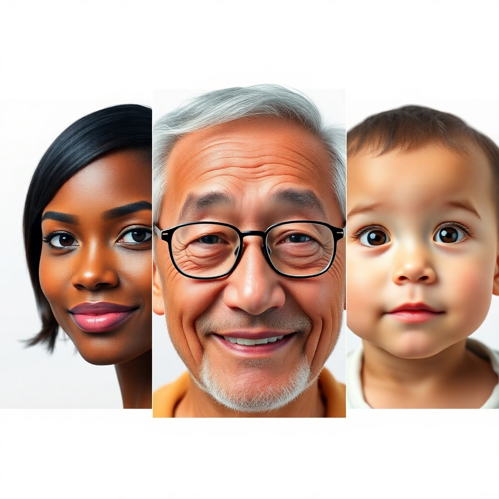 A collage showcasing three distinct photorealistic portraits: a young African American woman with short hair and bright eyes; an elderly Asian man with a kind smile and glasses; and a Caucasian child with curious eyes and playful expression.  Each portrait should appear as a high-resolution mugshot, emphasizing detailed facial features and realistic skin texture. The background should be simple and neutral, such as a light grey.