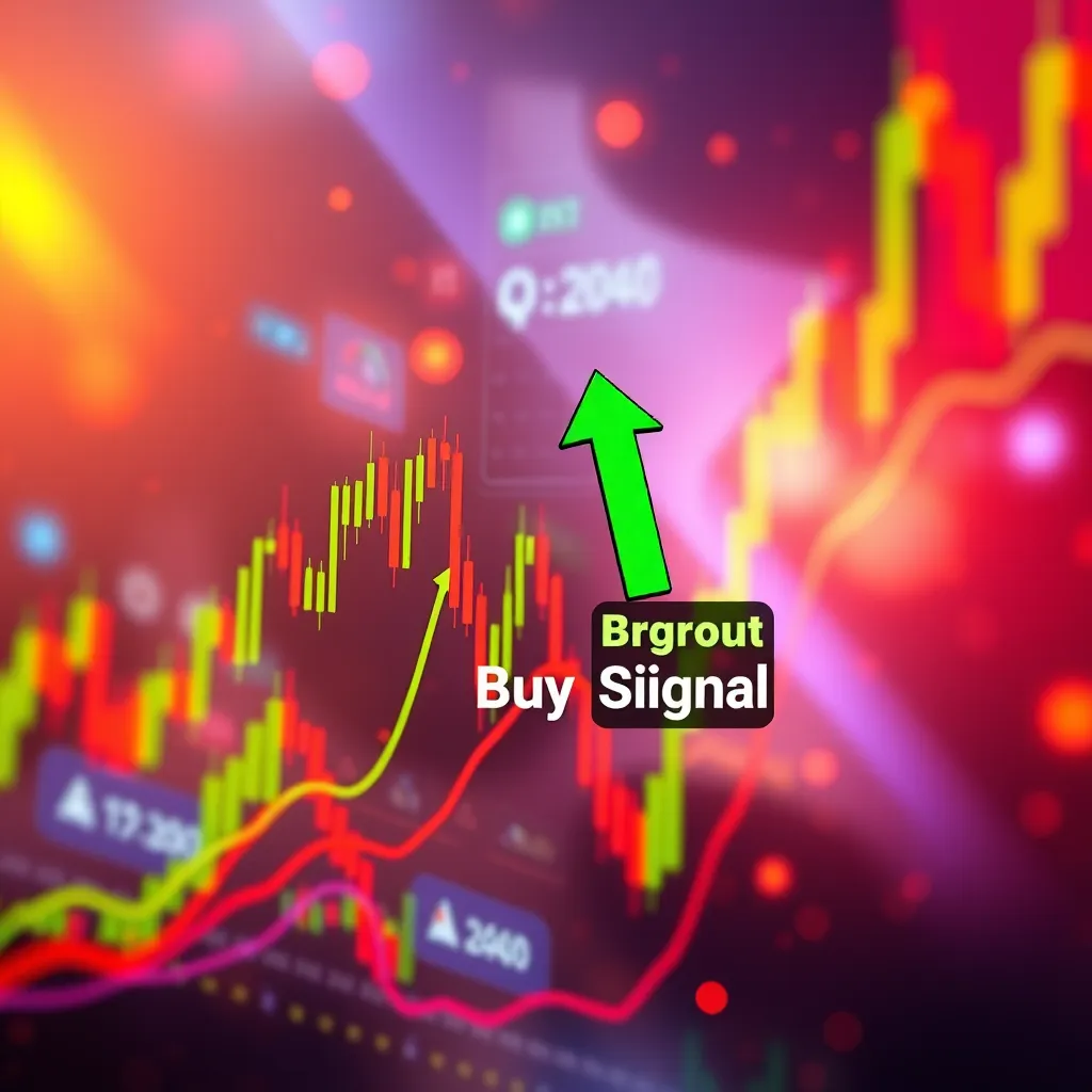 A colorful, dynamic visualization of a stock market chart with various indicators overlaid. The chart depicts a strong upward trend with a clear breakout pattern. The breakout point is highlighted with a green arrow and labeled with the words "Buy Signal". The background of the image should have a sense of energy and movement, conveying the excitement of capturing potential gains.