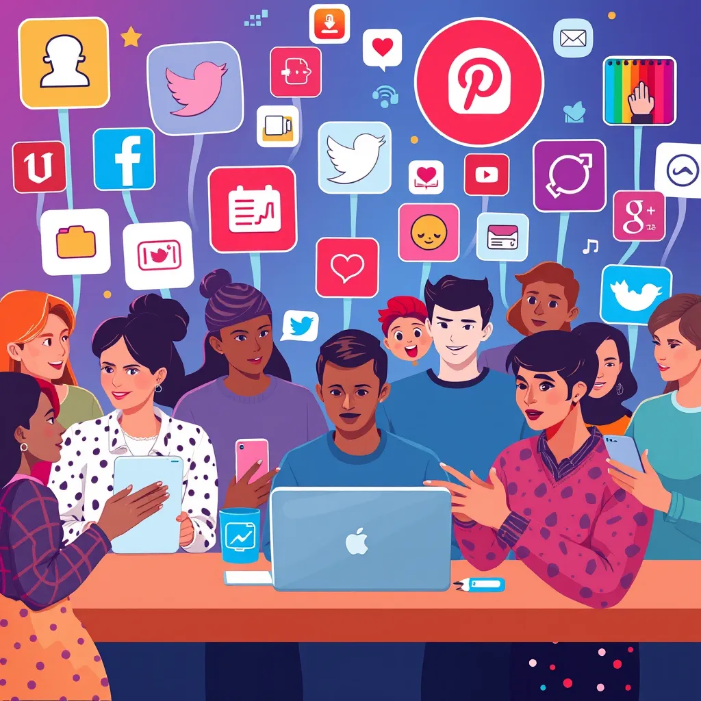 A colorful and vibrant illustration of a diverse group of people working on various social media platforms, with icons representing different job roles like content creation, influencer marketing, community management, and social media analytics.