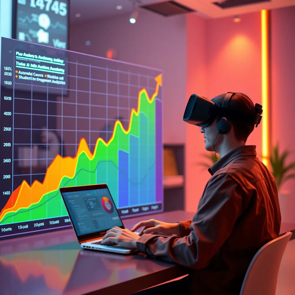 A colorful graph illustrating exponential growth, accompanied by a person using a laptop to manage their online academy. The scene is set in a virtual reality environment, showcasing AI tools like automated course creation and student engagement analysis. The image depicts the rapid growth and scalability enabled by AI.