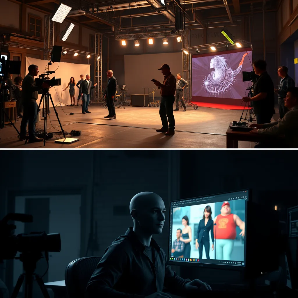 A comparison between two scenes: one depicting a traditional film set with actors, cameras, and crew, and the other showing a digital interface with a virtual human character being animated on a computer screen. The scene emphasizes the cost-effectiveness of the new technology.