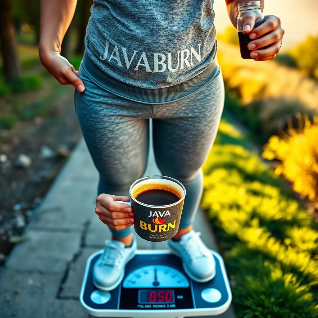 A compelling image showcasing the effectiveness of JavaBurn for weight management. A person, wearing comfortable workout attire, stands on a scale, revealing a positive weight loss result. They smile confidently, holding a cup of JavaBurn coffee, its rich color reflecting the warmth of the sun. The background features a scenic outdoor path, suggesting a healthy and active lifestyle. Rendered in a photorealistic style with 8K resolution, the image emphasizes the positive transformation and achievable results through JavaBurn.