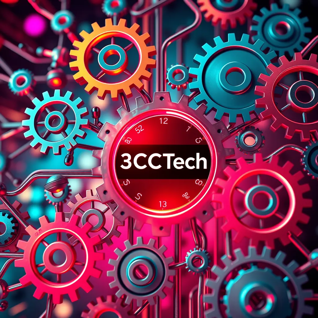 A complex network of interconnected gears representing different AI models, with a central hub labeled '3C Tech' that acts as a catalyst for collaboration, context, and creativity.  The gears are spinning smoothly, signifying seamless integration and enhanced output.  The background features a vibrant color scheme, symbolizing the dynamism and power of the technology.