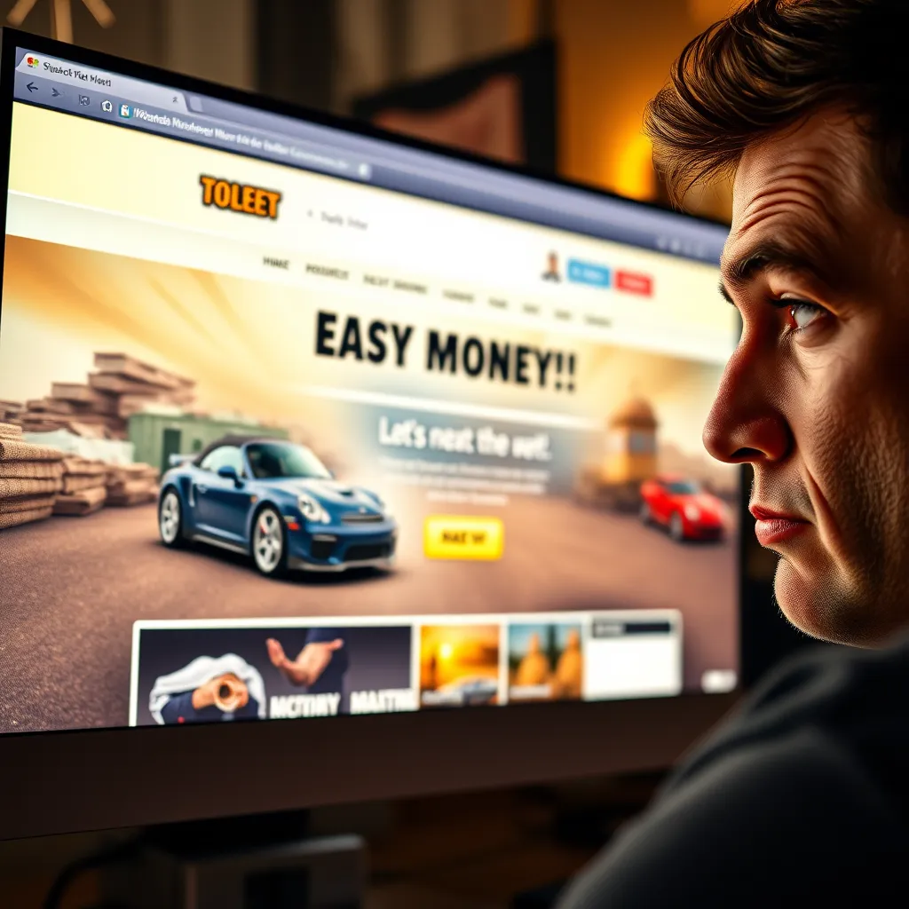  A computer screen displaying a website with flashy headlines and promises of easy money. The website includes images of large stacks of cash, expensive cars, and luxurious lifestyles. In the background, a person with a skeptical expression and a raised eyebrow is looking at the screen.