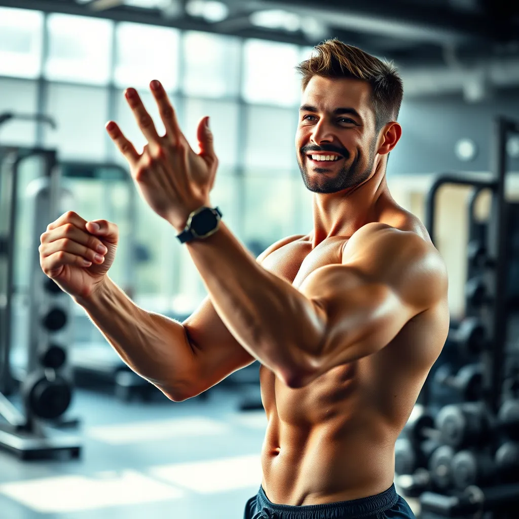 A confident man with a fit physique, radiating energy and vitality, performing a challenging exercise routine. The background should be a bright, inspiring gym setting with weights and other fitness equipment, symbolizing the potential of TESTOSIL to enhance physical performance and overall health.
