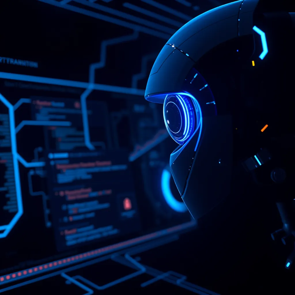 A dark, digital space with glowing blue lines and a futuristic dashboard. A robotic eye scans a website for threats, while security protocols are automatically activated in the background. The image should convey a sense of security, vigilance, and automated threat detection.