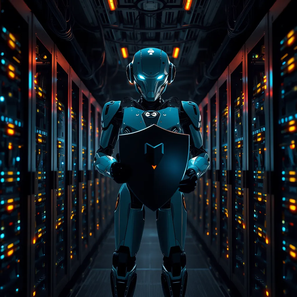 A dark, futuristic server room with blinking lights and cables running everywhere. In the center of the room, a large AI robot stands guard, scanning the network for threats and vulnerabilities. The robot's eyes are glowing blue, and it is holding a shield that protects the server room from outside attacks. The image should convey a sense of security and protection.