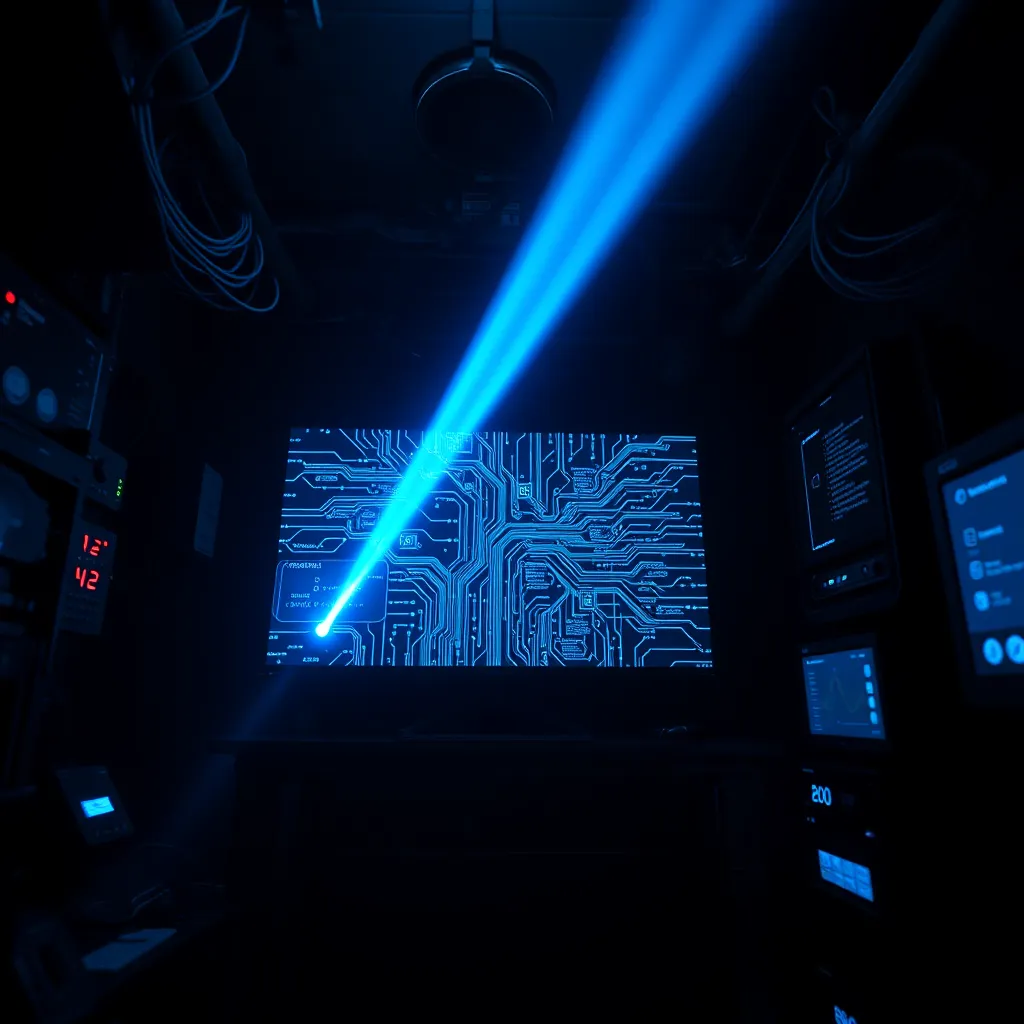 A dark, mysterious room with a single monitor displaying a complex network of interconnected data streams. The room is filled with high-tech equipment, suggesting advanced cybersecurity measures.  A single, piercing blue light emanates from the monitor, highlighting the data streams and creating a sense of urgency and vigilance. The color palette is predominantly dark with accents of blue, representing the digital world and the strength of AI cybersecurity.  The camera angle is low and slightly angled, making the viewer feel like they are peering into the heart of the cybersecurity system. The image is ultra-realistic, capturing the intricate details of the network, equipment, and data streams. The overall mood is intense and reassuring, reflecting the powerful and vigilant nature of AI cybersecurity.  The image is inspired by cyberpunk aesthetics, creating a visually striking and captivating representation of AI's role in online protection.
