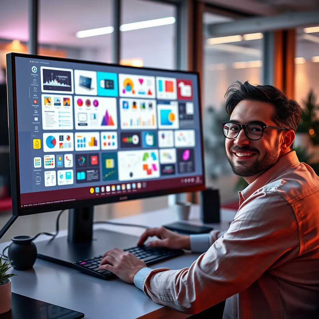 A designer working on a computer with a large screen displaying a variety of graphic design elements, icons, and images. The background should be a modern office with soft lighting and a vibrant color palette. The designer should be smiling and appear confident, showcasing the vast creative possibilities offered by the bonus assets.