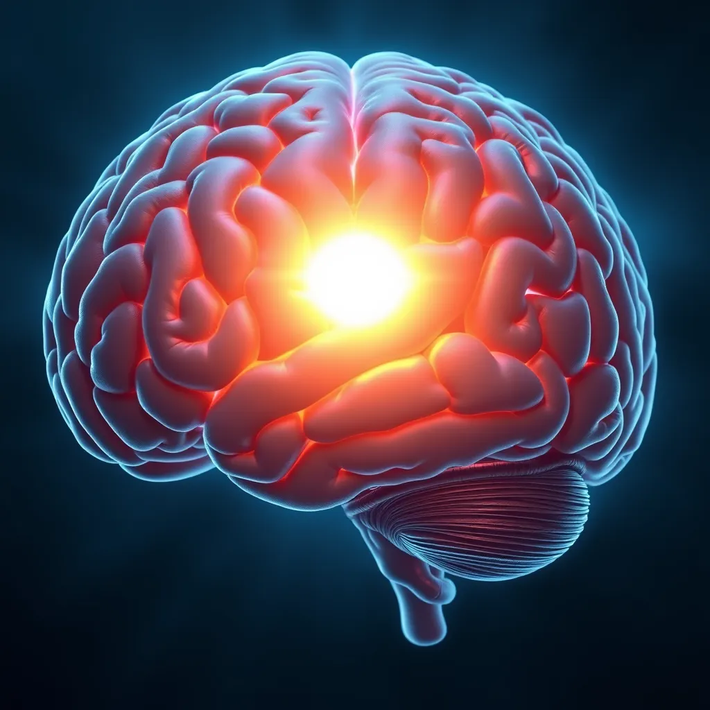 A detailed, photorealistic illustration of the human brain with the pineal gland highlighted in a bright, glowing light. The surrounding brain tissue is shown in a soft, translucent blue, emphasizing the pineal gland's distinct presence.  The image should exude a sense of mystery and wonder, hinting at the hidden power within this small gland.