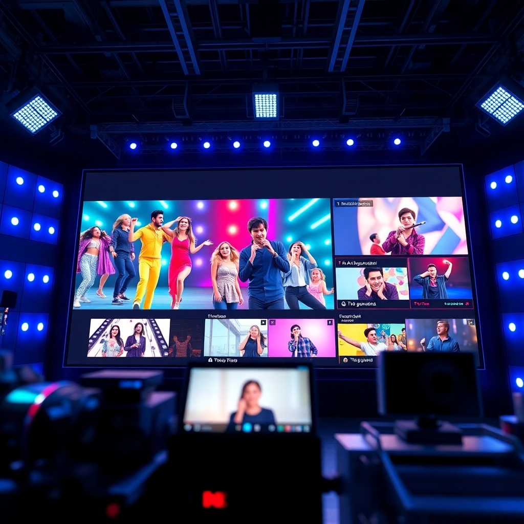 A detailed, photorealistic image of a large screen displaying various AI-generated content: a dancing reel video featuring a diverse cast of AI influencers; a vibrant music video; a compelling TV commercial; and several short, engaging TikTok videos.  The screen should be in a modern, high-tech studio environment, illuminated by cool, crisp LED lighting. The color palette should be vibrant and dynamic. The camera angle should be slightly low, looking up at the screen. The textures should include polished glass of the screen and the metallic surfaces of the equipment.   The style should be sleek, futuristic and highly polished.  The image should be rendered in 8K resolution, ultra-detailed, and hyperrealistic, showcasing the crispness and high quality of the AI generated content. The overall mood should be energetic and exciting.