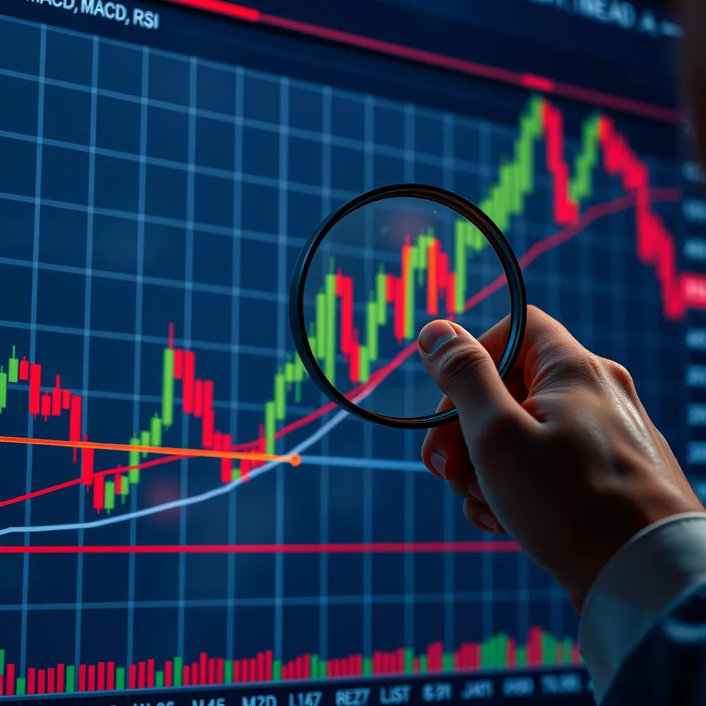 A detailed candlestick chart with clear trendlines, indicators like MACD and RSI, and a trader's hand pointing to a key price level with a magnifying glass, emphasizing the importance of technical analysis.