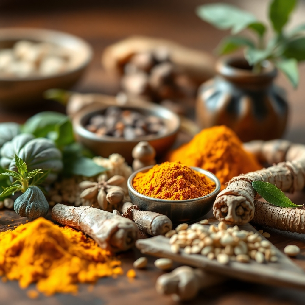 A detailed close-up shot of various herbs and natural ingredients like turmeric, ginseng, and ashwagandha, meticulously arranged on a wooden surface, illuminated by soft, natural light.  The background should be blurred, focusing attention on the ingredients.  High-resolution, photorealistic style.