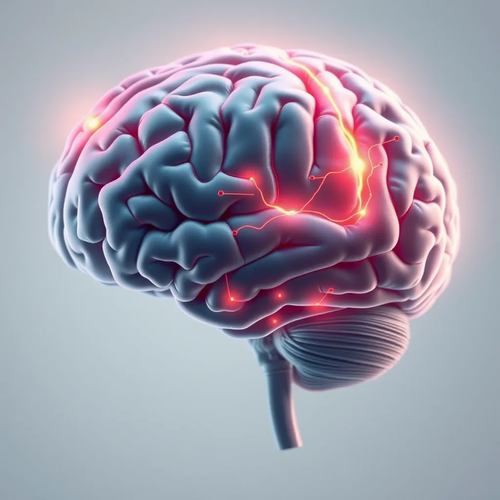 A detailed image of a human brain with highlighted areas representing the auditory cortex and the dopamine pathways. The image should depict the connection between brain activity and tinnitus relief. The background can be a soft, calming color scheme.
