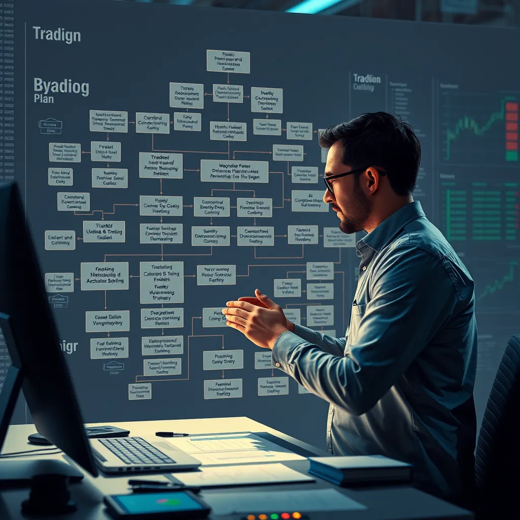 A digital illustration of a trader building a complex flowchart, connecting different trading strategies, risk management techniques, and market indicators to form a cohesive and effective trading plan.