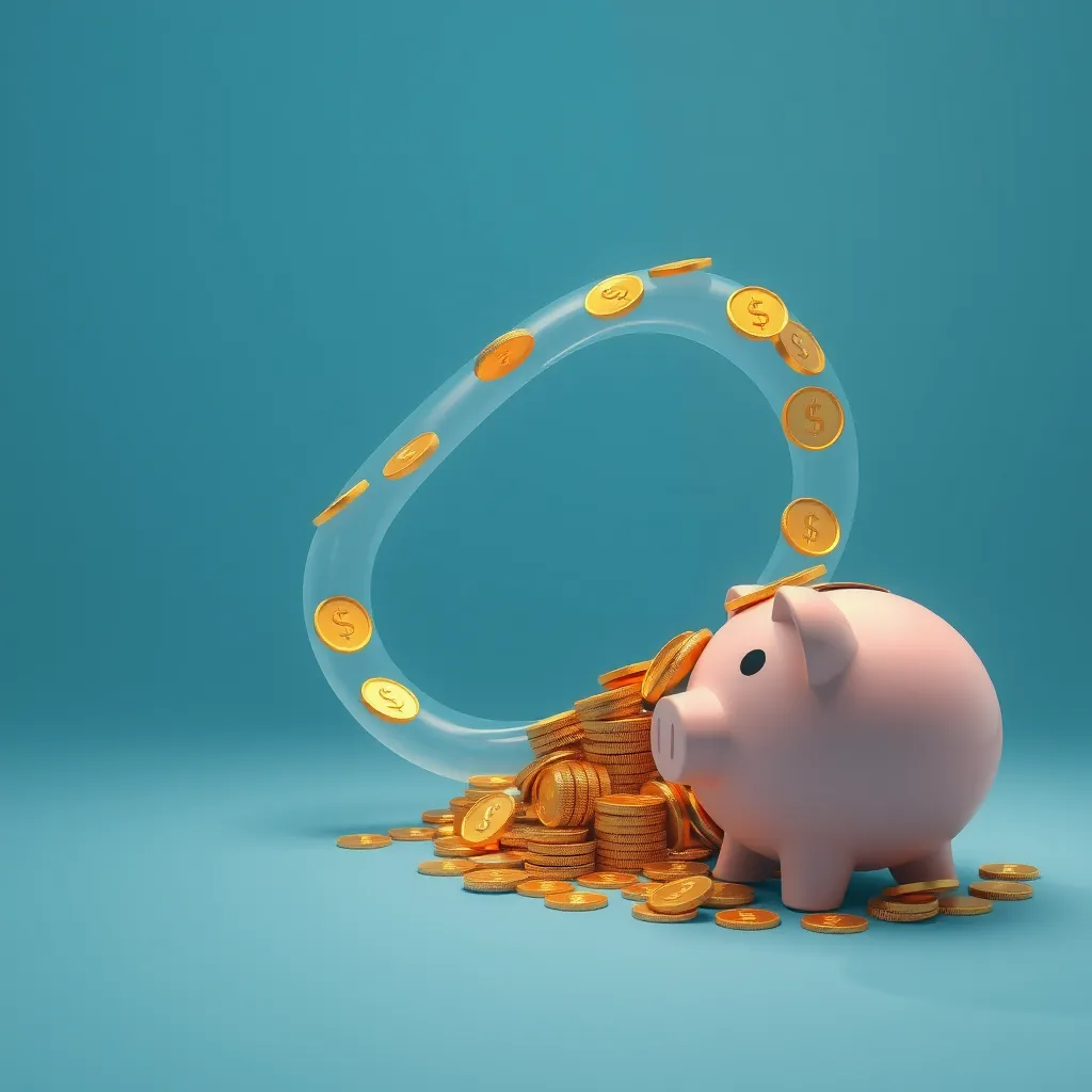  A digital illustration showing a continuous flow of money represented by a swirling stream of coins. The stream is flowing towards a piggy bank, symbolizing recurring commissions. The background could be a calming blue gradient, representing stability and financial security.